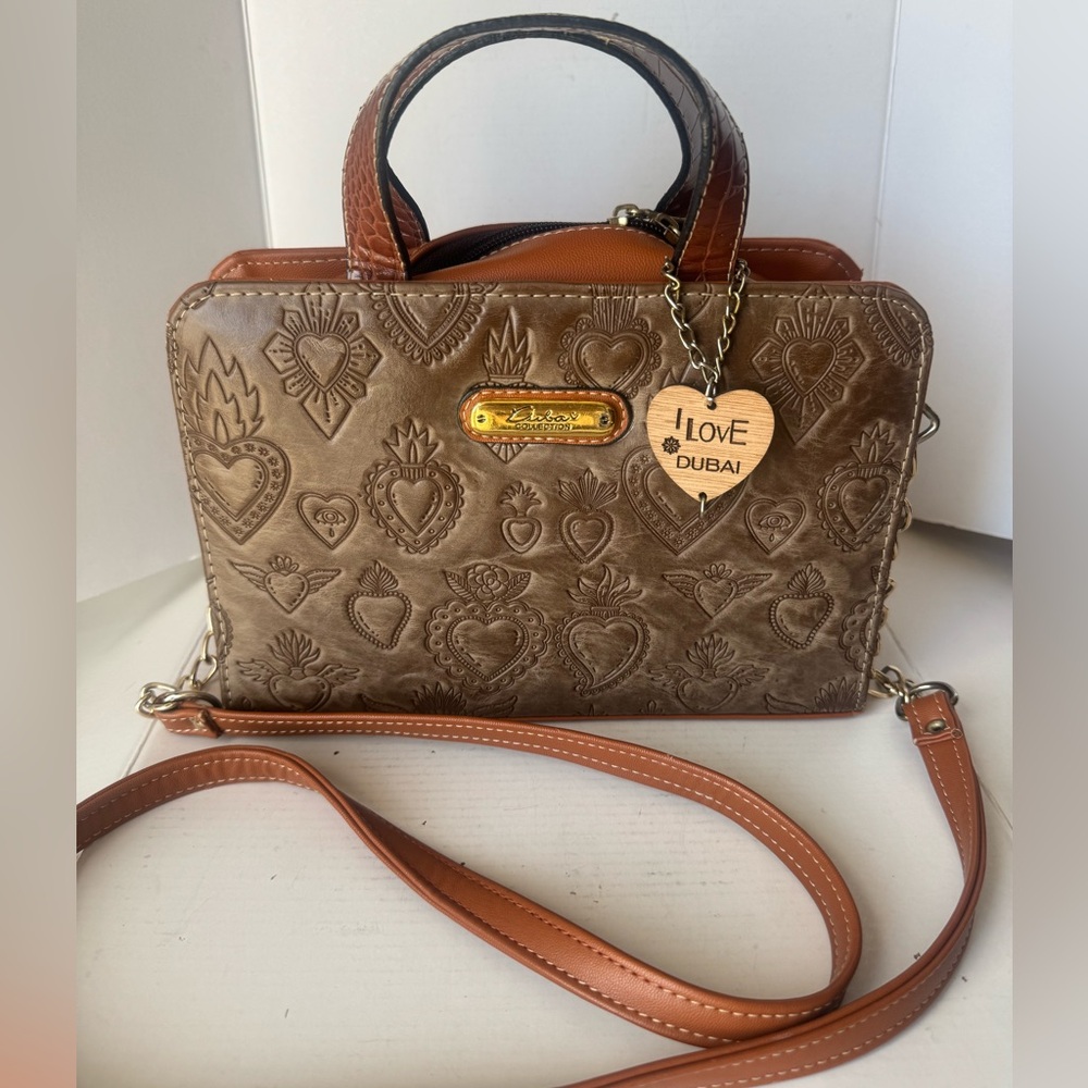 Dubai Collection Faux Leather Handbag Purse Brown Embossed Hearts Shoulder Bag